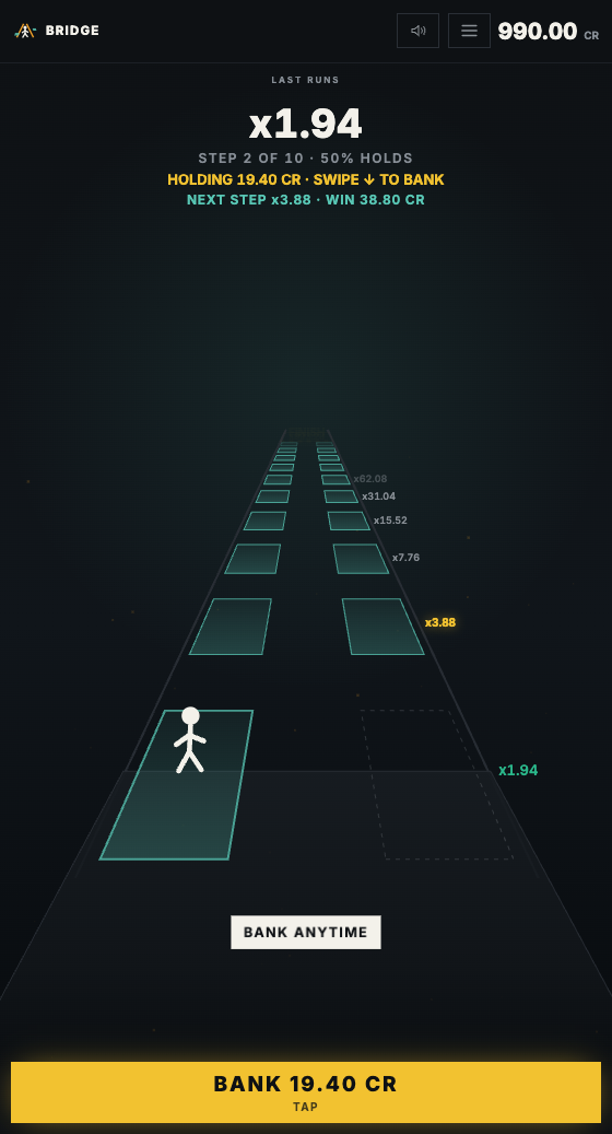BRIDGE on a phone: the figure out on a glass bridge, the ladder of multipliers ahead, bank anytime