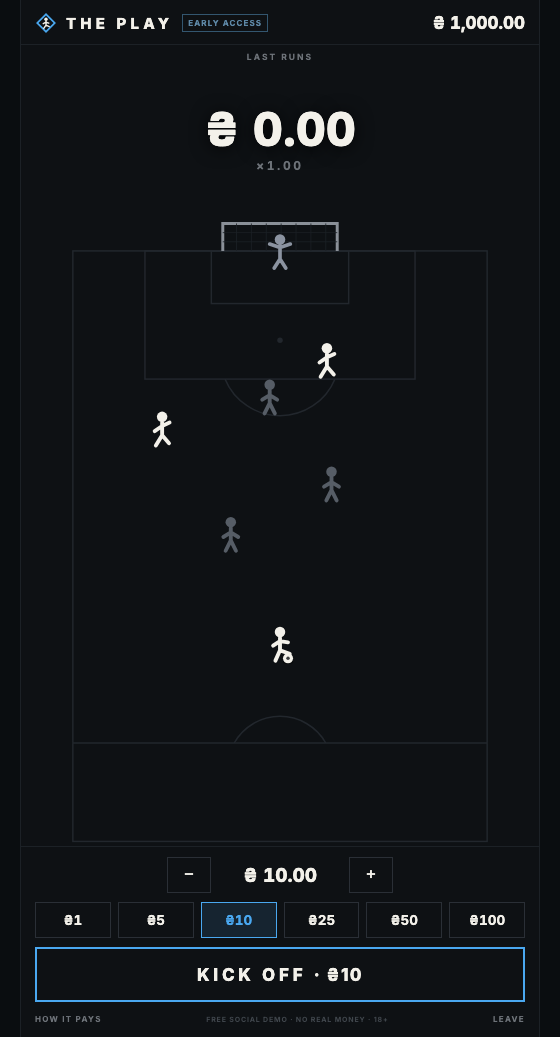 THE PLAY on a phone: a football pitch with players in position and the kick off button below